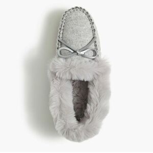 J. CREW | Gray Silver Slippers Moccasin Style Faux-Shearling Bow | Size 11